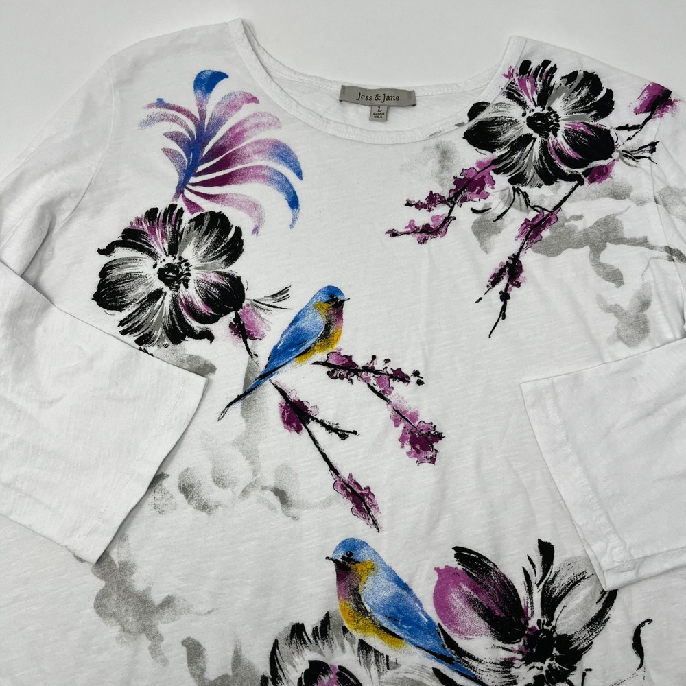 Jess & Jane White Floral Bird Print 3/4 Sleeve Cotton Tunic Top Women's Large